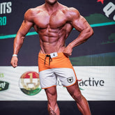 MetroMaleWear Cordoba Physique board short orange and white with black drawstring and shield logo on side