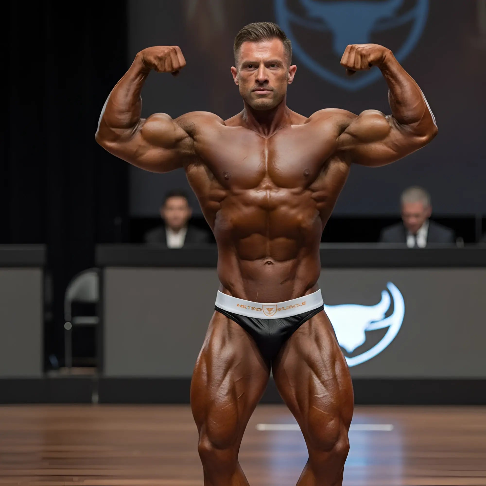 A muscular man wearing black and white metro branded muscle trunks designed for competition use