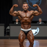 A muscular man wearing black and white metro branded muscle trunks designed for competition use