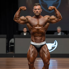 A muscular man wearing black and white metro branded muscle trunks designed for competition use