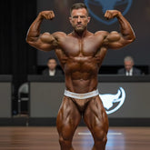 A muscular man wearing metroMalewear metroMuscleWear cortina bronze muscle trunk in white and gold patterned fabric