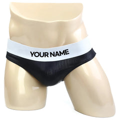 Black mesh briefs with white elastic waistband featuring bold your name text for metroMalewear MetroMuscleWear DIY suit