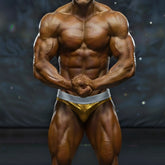 A muscular male bodybuilder wearing shiny gold and silver MetroMaleWear MetroMuscleWear DIY competition briefs