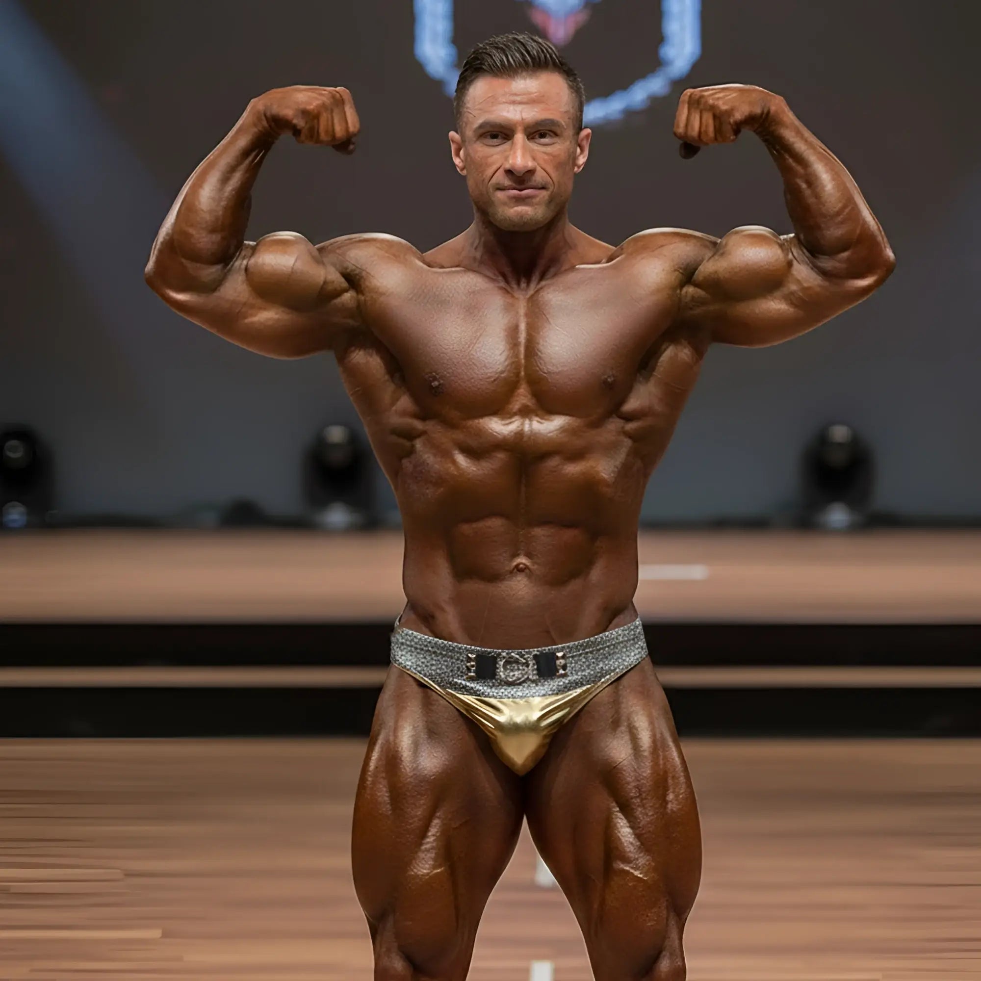 Gold and silver metallic bodybuilding briefs with a textured glittery waistband from MetroMaleWear MetroMuscleWear