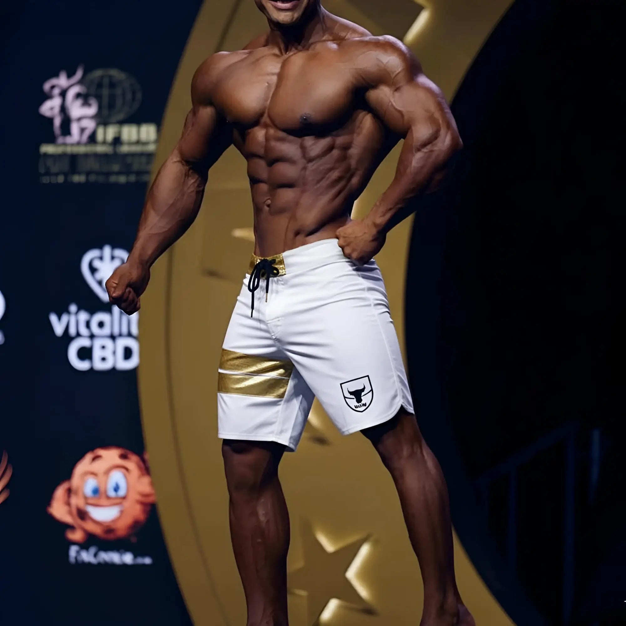 White metromusclewear gold physique board shorts with gold stripe black drawstring and shield logo on left leg