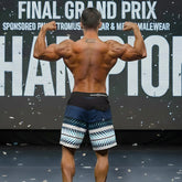 MetroMalewear metromusclewear harvest physique board short 4716-74 blue and white patterned swim trunks with black waistband