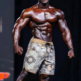 MetroMaleWear MetroMuscleWear honeycomb physique board shorts in camouflage with tan trim and black number 45 badge on waistband