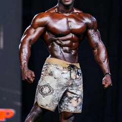 MetroMaleWear MetroMuscleWear honeycomb physique board shorts in camouflage with tan trim and black number 45 badge