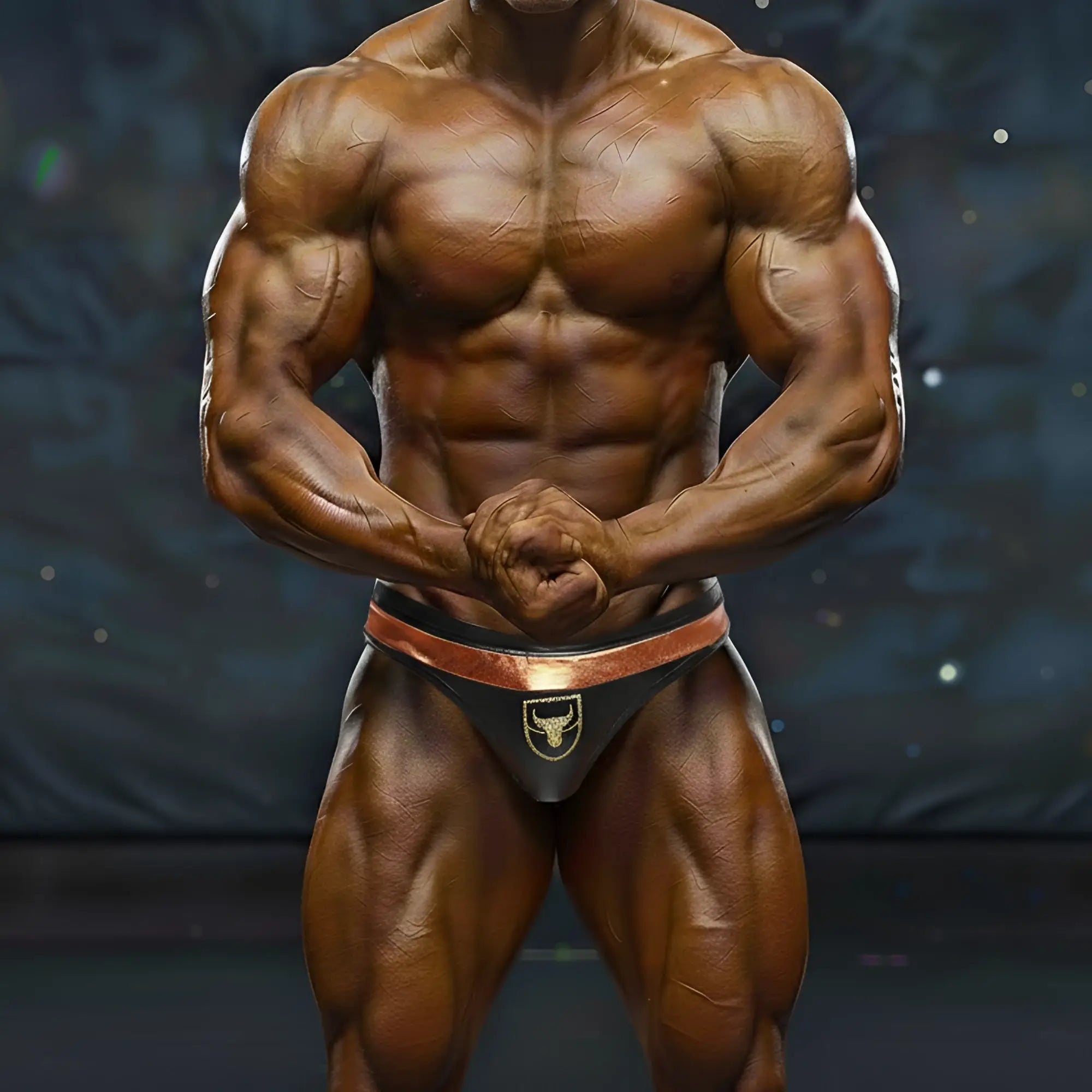 Black and copper trimming bodybuilding briefs with a gold bull emblem from MetroMaleWear Hudson competition suit
