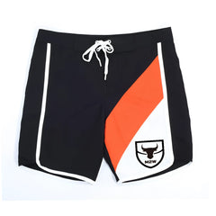 MetroMaleWear MetroMuscleWear IFBB Pro men’s black board shorts with bold orange white stripe and white drawstring waistband