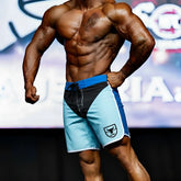 MetroMaleWear MetroMuscleWear IFBB Pro mens physique board shorts in blue and black with white logo on lower right leg