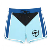 MetroMaleWear MetroMuscleWear IFBB Pro mens physique board shorts blue with black panel white stripes and bull shield logo