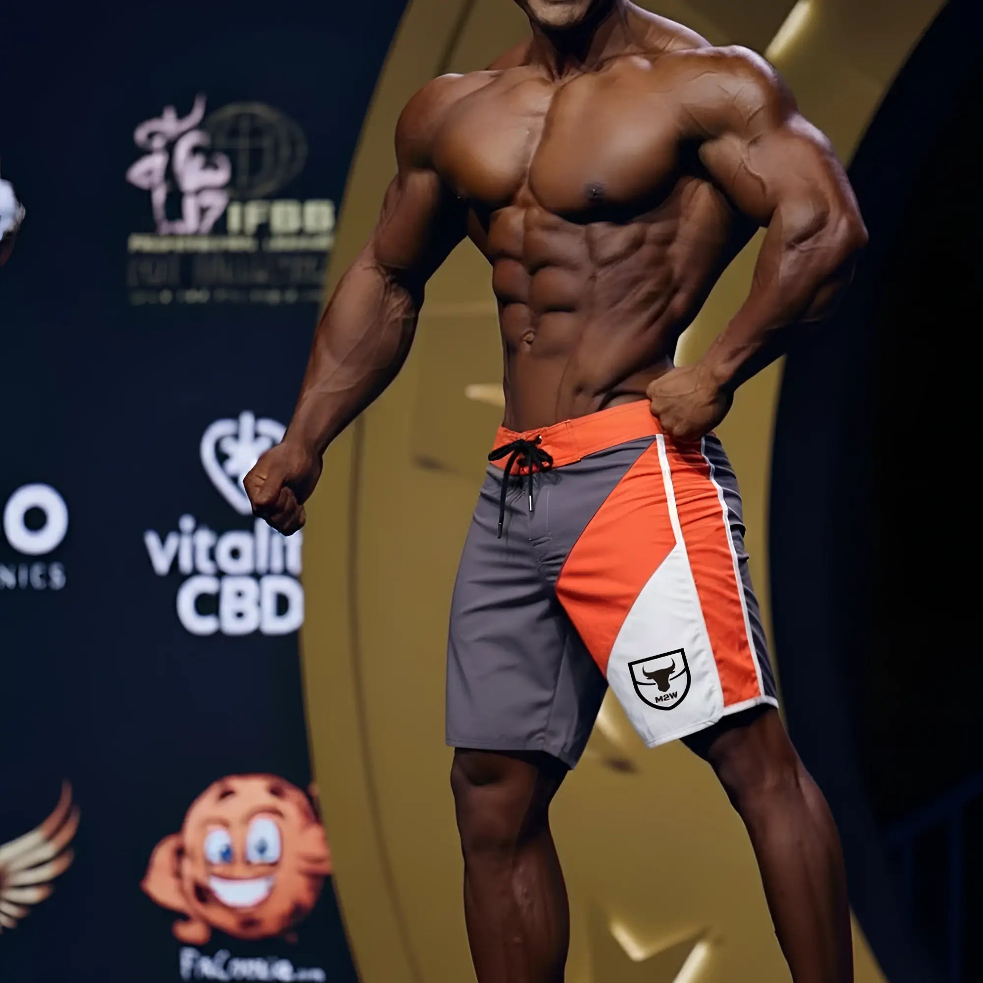 MetroMaleWear MetroMuscleWear IFBB Pro gray orange white athletic shorts with black drawstring and shield logo on right leg