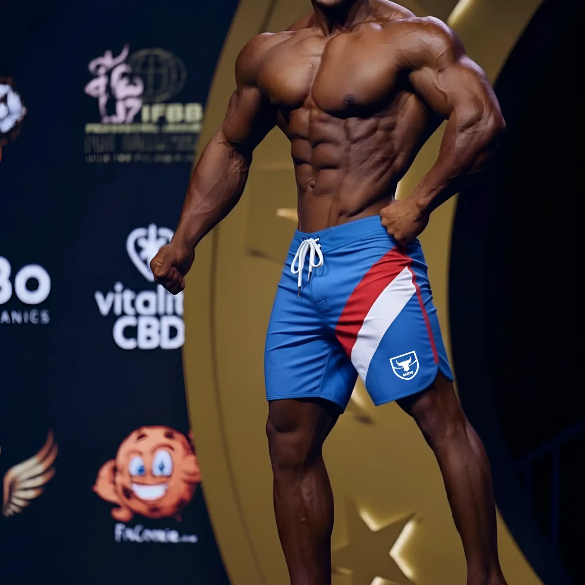 MetroMaleWear MetroMuscleWear IFBB Pro mens physique board shorts royal blue red white with drawstring and shield logo