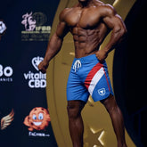 MetroMaleWear MetroMuscleWear IFBB Pro mens physique board shorts royal blue red white with drawstring and shield logo