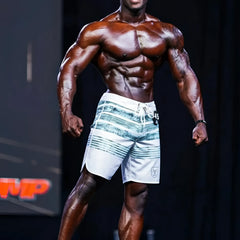 White and teal striped swim trunks with drawstring waistband from metromalewear metro musclewear board short 4716-71