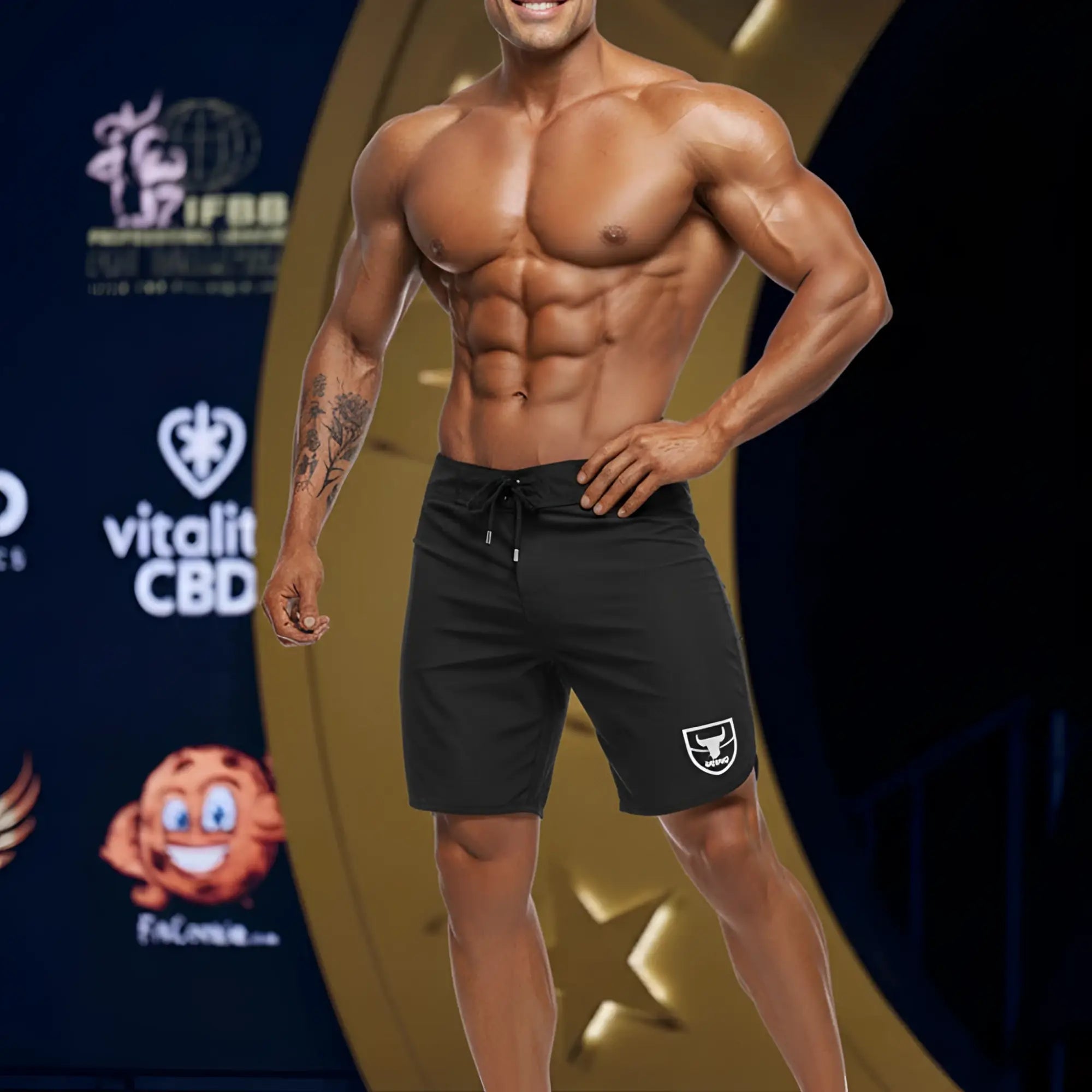 Black MetroMaleWear MetroMuscleWear Intenso Physique board short with white shield logo and drawstring waistband