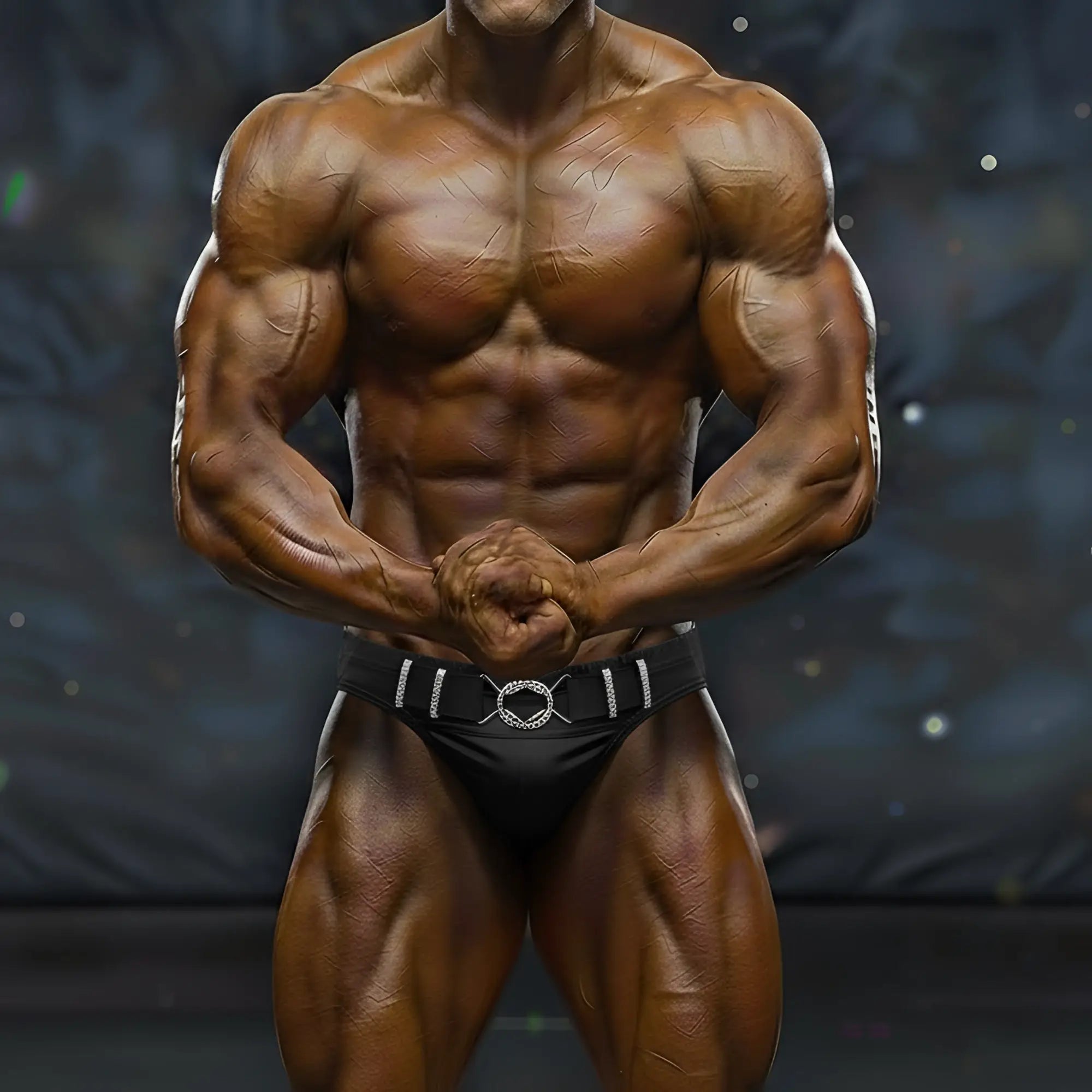 A muscular bodybuilder wearing black muscle trunks with a silver white decorative belt from MetroMaleWear