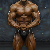 A muscular bodybuilder wearing black muscle trunks with a silver white decorative belt from MetroMaleWear