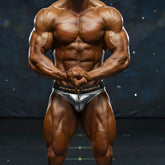 Silver shiny metallic briefs with black waistband featuring metro muscle logo and gold lettering metro male wear competition suit