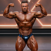 A muscular man flexing in black and blue striped MetroMaleWear MetroMuscleWear stripe competition briefs