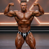 A muscular man wearing a metrobuswear metro musclewear black and white striped competition suit briefs front view