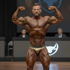 Gold athletic briefs with black greek key waistband pattern metro male wear timotoweear timoteo competition suit