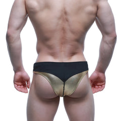 Black and gold metallic form-fitting muscle trunk briefs by MetroMaleWear MetroMuscleWear Zeus model 4700-81