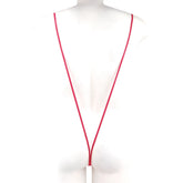 A sleek vibrant red MetroMaleWear Miami bodysuit with a minimalist white rectangular tag at the end of the lanyard