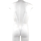 White sheer one-piece swimsuit with thin straps and deep back cutout by metro male wear titled miami bodysuit white 0008-00