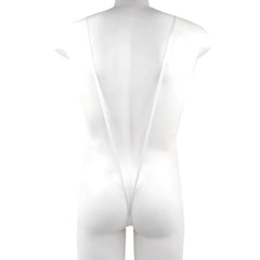White sheer one-piece swimsuit with thin straps and deep back cutout by metro male wear titled miami bodysuit white 0008-00