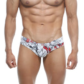 White and red floral-patterned men’s briefs with bold graphic design metro malewear micro cheek escobar 2027-09