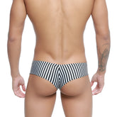 Black and white striped men’s swim trunks with a snug tailored fit from MetroMaleWear micro cheek jail 2027-40