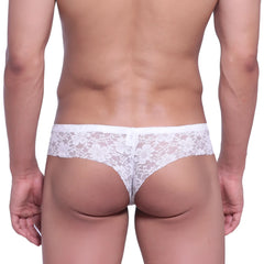 White floral lace thong from metromalewear featuring micro cheek lace design and delicate floral patterns