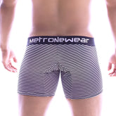 MetroMaleWear micro long boxer black stripe men’s boxer briefs with navy elastic waistband and metronewear branding