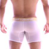 White metrowear micro long boxer briefs with gold waistband and white brand lettering in cotton blend fabric