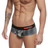 Shiny silver mesh briefs with black waistband and red logo from metromalewear micro mini boxer armour 7013-05