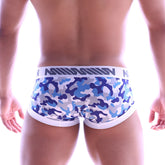 Blue and white camouflage patterned mens briefs with white elastic waistband and dark gray MetroMaleWear logo