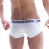 White men’s briefs metro malewear micro mini boxer core white 7013-01 with gray logo waistband band