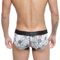 White briefs metroMalewear micro mini boxer escobar 7013-03 with black waistband and gray white red poppy floral pattern