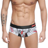 White briefs metro male wear micro mini boxer escobar 7013-03 with bold red and black floral pattern and black waistband