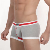 Gray heathered briefs with red and white striped waistband and subtle logo patch metro male wear micro mini boxer gray