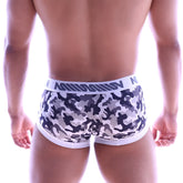 Metro male wear micro mini boxer grey camo briefs with white elastic waistband and dark blue logo pattern