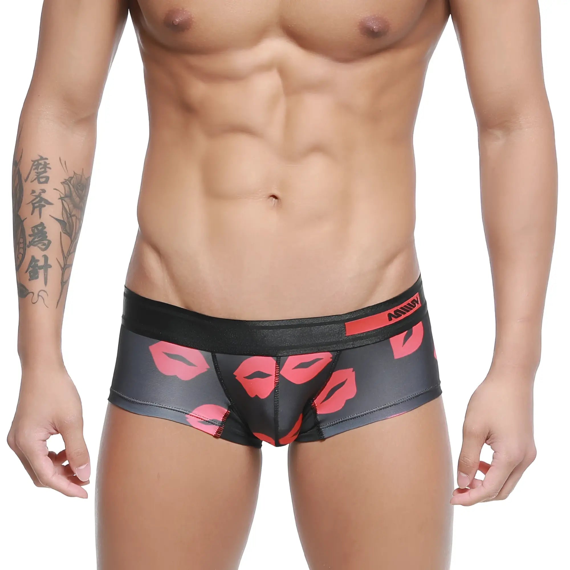 Black briefs with bold red lipstick print and anony waistband from metromalewear micro mini boxer kiss 7013-36 collection