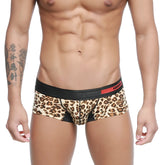 MetroMalewear micro mini boxer leopard print briefs with black elastic waistband and red brand label
