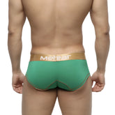 Green metear metro malewear micro mini boxer briefs in green with gold waistband and matching stitching front view