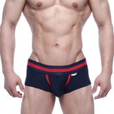 Metro male wear micro mini boxer briefs in navy blue with red trim and white logo on waistband front view