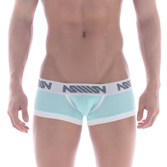 Light blue and white MetroMaleWear micro mini boxer briefs with gray logo band in pastel green 7013-75 design