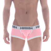 MetroMalewear micro mini boxer pastel pink briefs with white waistband and gray miiiv logo and white trim on leg edges
