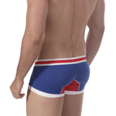 Blue mens boxer briefs with red and white trim showing bold graphic design on back metroMalewear micro mini boxer royal 7013-18